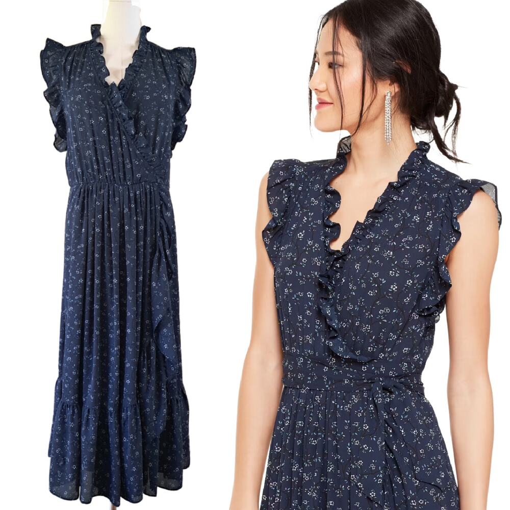 KATE SPADE NavyBlue Floral Wild Roses Ruffle Wrap Midi Dress Size 8